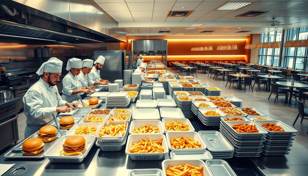 A large, modern commercial kitchen bustling with activity. In the foreground, a team of chefs in crisp white uniforms expertly prepare an array of burgers, fries, and other Burger King menu items on gleaming stainless steel countertops. The middle ground features neatly organized trays, containers, and serving platters, ready to be filled and transported. In the background, a spacious dining area with ample seating and tables, bathed in warm, diffused lighting to create a welcoming atmosphere. The overall scene conveys efficiency, professionalism, and the ability to cater to the needs of large groups with ease.