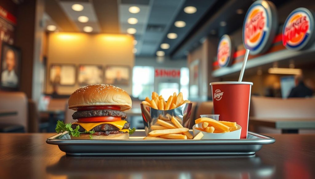 A meticulously crafted scene depicting the senior meal choices at a Burger King restaurant. In the foreground, a neatly arranged tray showcases a variety of classic Burger King menu items, including a Whopper Jr., a small fries, and a small soft drink, all presented in a way that emphasizes their appeal to older diners. In the middle ground, the interior of the restaurant is visible, with warm lighting and comfortable seating, creating a welcoming atmosphere. The background features the iconic Burger King branding and signage, solidifying the setting. The overall composition and attention to detail evoke a sense of quality, care, and consideration for the senior customer experience.