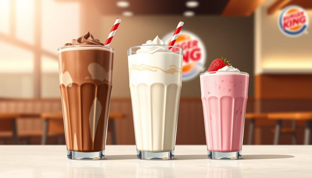 A meticulously detailed illustration showcasing the varied sizes of Burger King's milkshakes. The foreground depicts three glass cups filled with rich, creamy milkshake in classic flavors - chocolate, vanilla, and strawberry. The middle ground showcases the size differentiation, with the cups arranged in a descending order, ranging from a large, indulgent serving to a more modest, petite portion. The background frames the scene with a subtly blurred, minimalist Burger King restaurant interior, hinting at the inviting ambiance. The lighting is soft and natural, creating a warm, appetizing atmosphere that accentuates the milkshakes' luscious textures and vibrant colors. The overall composition conveys a sense of variety, quality, and the ability to satisfy any milkshake craving.