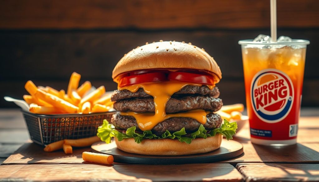 A meticulously detailed image of a Burger King Whopper meal, displayed on a rustic wooden surface. The Whopper burger takes center stage, its glistening brioche bun, juicy beef patty, crisp lettuce, ripe tomatoes, and dripping special sauce showcased in exquisite detail. Alongside, a generous portion of golden-brown French fries and a large, frosty soft drink in a classic Burger King cup. Warm, natural lighting bathes the scene, casting a cozy, inviting atmosphere. The overall composition is visually appealing, highlighting the mouthwatering appeal of this iconic fast-food meal.