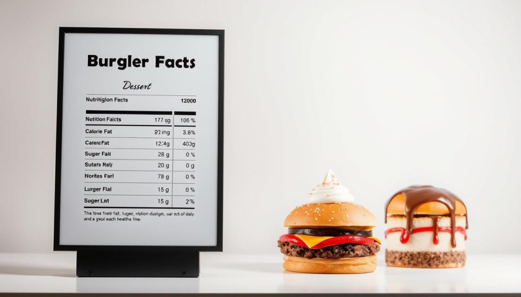 A meticulously detailed nutritional information poster for Burger King's dessert menu. In the foreground, a sleek, minimalist display showcases the key health facts - calories, fat, sugar, and other relevant data - for each decadent treat. The middle ground features the desserts themselves, rendered with photorealistic precision, enticing yet transparent about their nutritional profile. The background is a clean, clinical white backdrop, emphasizing the informative nature of the image. Soft, neutral lighting casts an objective, educational glow, inviting the viewer to examine the data closely. The overall mood is one of transparency and informed choice, allowing health-conscious consumers to make mindful decisions about their Burger King indulgences.