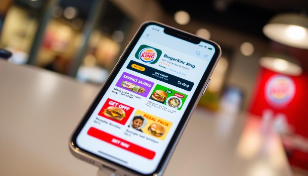 A modern, well-lit close-up view of a Burger King smartphone app displayed on a sleek, silver device. The app interface showcases a variety of colorful savings offers, deals, and coupons for Burger King menu items. The screen has a clean, minimalist design with clear call-to-action buttons. The background is blurred, creating a shallow depth of field and drawing the viewer's attention to the prominently featured app. The overall aesthetic is polished, inviting, and conveys the ease and convenience of accessing Burger King's best deals through a mobile device.
