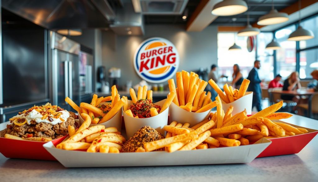 A modern, well-lit kitchen interior with stainless steel appliances and an open layout. In the foreground, a Burger King cardboard food tray features an assortment of innovative fry hacks - loaded fries with toppings, fry-based snacks, and unique fry-based dishes. Prominently displayed are fries arranged in creative shapes and patterns, seasoned with exotic spices and sauces. The middle ground showcases the Burger King logo and branding elements, subtly hinting at the secret menu origin of these fry ideas. The background contains a blurred view of a busy Burger King dining area, with customers enjoying the innovative fry creations. The overall mood is one of culinary experimentation and fast-food innovation.