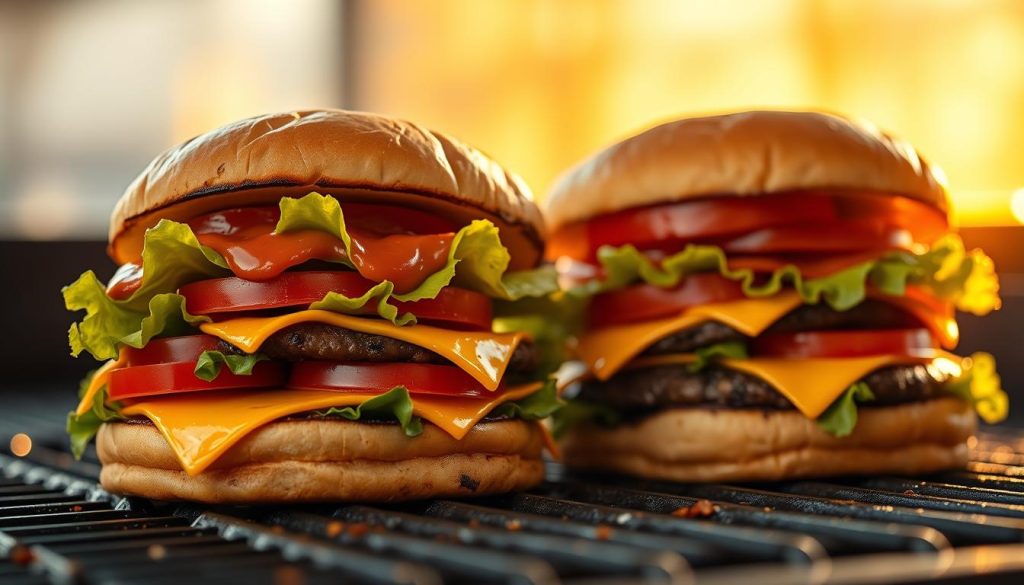 A mouthwatering close-up of two juicy, flame-grilled Burger King burgers, sizzling hot off the grill. The burgers are stacked high with melted American cheese, crisp lettuce, ripe tomatoes, and a generous dollop of tangy sauce, all nestled between freshly toasted, golden-brown buns. The scene is bathed in warm, natural lighting, highlighting the burger's caramelized edges and creating a inviting, appetizing atmosphere. The camera angle is slightly low, putting the viewer eye-level with the burgers, creating a sense of depth and emphasis on the delectable details. The background is softly blurred, keeping the focus squarely on the star of the show - the irresistible, flame-grilled Burger King burgers.