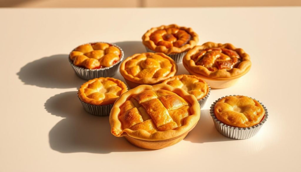 A mouthwatering collection of Burger King's signature pie flavors, meticulously arranged on a clean, modern tabletop. The golden, flaky crusts glisten under the warm, soft lighting, inviting the viewer to imagine the delicious fillings within. Crisp, vibrant shadows accentuate the three-dimensional forms, creating a sense of depth and texture. The pies are displayed against a minimalist, off-white background, allowing the rich colors and inviting shapes to take center stage. The overall composition exudes a sophisticated, appetizing atmosphere, perfectly capturing the essence of Burger King's popular dessert menu.