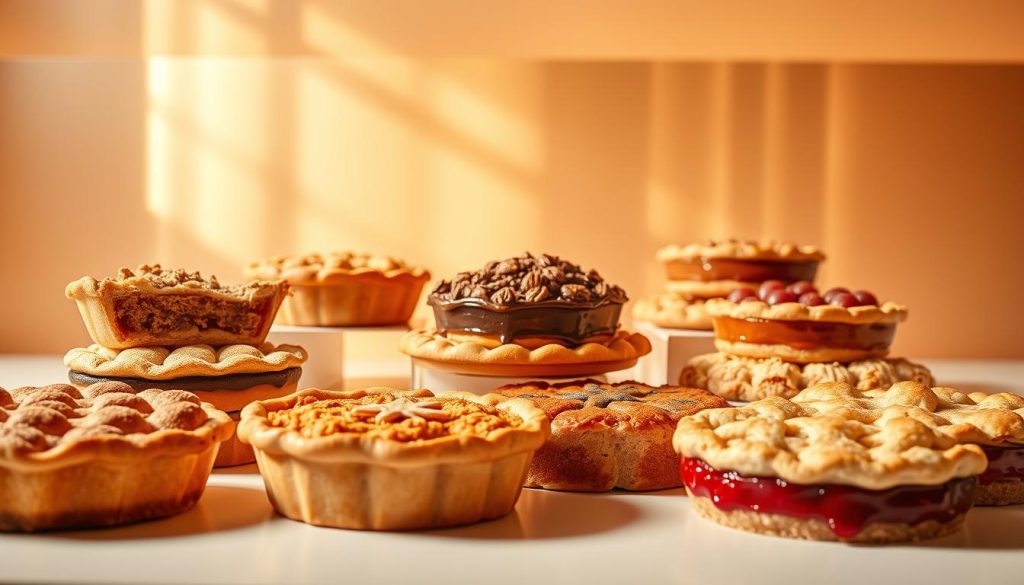 A mouthwatering display of Burger King's iconic pies, captured in a bright, inviting studio setting. The foreground showcases a visually striking arrangement of various pie flavors, including classic apple, decadent chocolate, and unexpected seasonal offerings like pumpkin and cherry. The middle ground features a sleek, metallic backdrop that reflects the pies, creating a sense of depth and dimension. Soft, warm lighting bathes the scene, highlighting the vibrant colors and textures of the pastries. The overall atmosphere exudes a sense of culinary elegance and temptation, perfectly capturing the essence of Burger King's unique pie flavors.