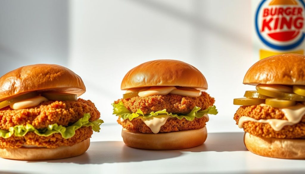 A mouthwatering display of Burger King's juicy chicken sandwiches, captured in a stylish food photography scene. The focal point is a trio of sandwiches, each with a golden-brown, crispy breaded chicken patty, topped with crunchy lettuce, tangy pickles, and a glistening, creamy sauce, all nestled between fluffy, toasted buns. The sandwiches are arranged on a clean, minimalist white backdrop, with warm, natural lighting casting soft shadows and highlights that accentuate the appetizing details. The overall composition is sleek and visually appealing, inviting the viewer to imagine the satisfying flavors and textures of these classic Burger King chicken offerings.