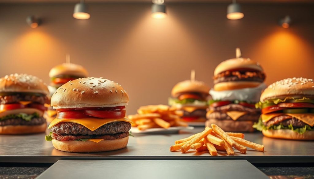 A mouthwatering display of Burger King's signature burgers sits atop a sleek, modern surface, bathed in warm, golden lighting. In the foreground, a classic Whopper burger takes center stage, its sesame seed bun, juicy beef patty, and signature toppings glistening. Surrounding it, an array of other popular menu items, such as the Big King, Double Bacon Whopper, and Chicken Sandwich, are artfully arranged, each showcasing its unique flavor profile and visual appeal. The middle ground features a minimalist background, allowing the burgers to be the true stars of the scene. The entire composition exudes a sense of culinary excellence and invites the viewer to savor the vibrant flavors of Burger King's renowned dinner menu.