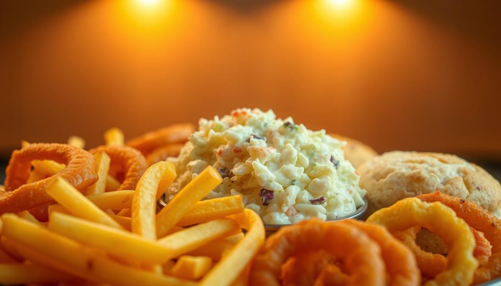 A mouthwatering display of Burger King's signature sides, captured in a vibrant, appetizing composition. In the foreground, golden French fries and crispy onion rings are artfully arranged, their bold textures and inviting colors commanding attention. In the midground, a creamy, thick-cut coleslaw and fluffy, buttery biscuits take center stage, their fresh, homemade qualities radiating warmth and comfort. The background features a subtle, softly-lit setting, allowing the delectable side dishes to shine. Warm, golden lighting casts a gentle glow, enhancing the appetizing appeal of this Burger King culinary delight. The overall scene evokes a sense of indulgence and satiety, perfectly complementing the "Delightful Sides to Accompany Your Meal" theme.