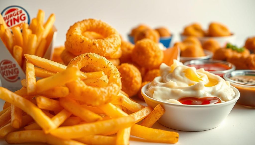 A mouthwatering display of Burger King's signature sides, captured in a vibrant, appetizing composition. In the foreground, crisp golden fries, seasoned to perfection, beckon the viewer. Alongside, fluffy, glistening onion rings, their delicate batter fried to a delicate crunch. In the middle ground, creamy, indulgent mashed potatoes, their texture smooth and inviting. In the background, a selection of other tempting sides, such as tender chicken nuggets and zesty dipping sauces, all presented against a clean, minimalist backdrop that highlights the colors and textures of the food. The lighting is soft and natural, casting a warm, enticing glow over the entire scene, evoking a sense of comfort and satisfaction. The overall mood is one of culinary delight, inviting the viewer to indulge in the delectable Burger King sides.