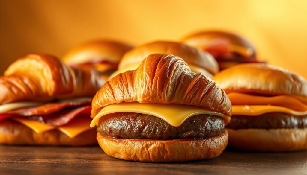 A mouthwatering display of Croissan'wich variants nestled against a soft, golden-brown backdrop. In the foreground, a classic Croissan'wich takes center stage, its buttery croissant bun perfectly complemented by a juicy sausage patty and melted cheese. Surrounding it, an array of tempting variations - a bacon and egg Croissan'wich, a ham and cheese Croissan'wich, and a classic sausage, egg, and cheese Croissan'wich. The scene is bathed in warm, soft lighting, creating a cozy, inviting atmosphere that captures the essence of the Burger King breakfast menu. The image is captured at a slightly low angle, highlighting the depth and texture of the various Croissan'wich offerings.