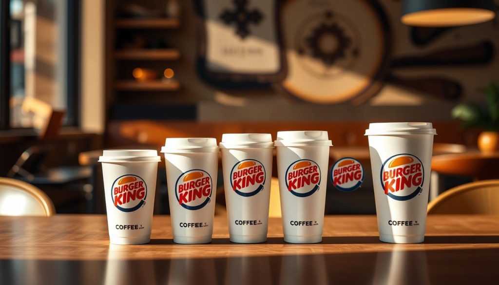 A neatly arranged display of Burger King's coffee cup sizes, showcased against a softly blurred, cozy café setting. The cups, in classic BK branding, stand in a diagonal line from small to large, lit by natural, warm-toned lighting that casts gentle shadows. The background features subtle hints of wooden furniture and earthy tones, creating a welcoming, inviting atmosphere. The composition is crisp, well-balanced, and captures the essence of Burger King's coffee offerings in a visually compelling manner.