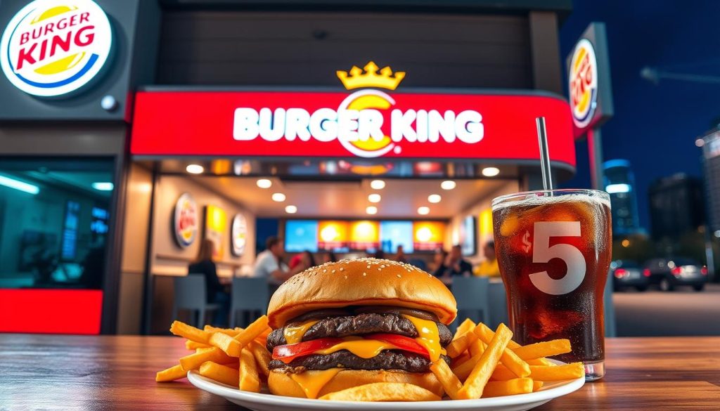 A neon-lit Burger King storefront, its iconic crown logo shining brightly. In the foreground, a mouth-watering arrangement of Burger King's $5 meal offerings: a Whopper, fries, and a refreshing soda, all perfectly plated and illuminated by warm, inviting lighting. The middle ground features a glimpse of the bustling restaurant interior, with customers enjoying their budget-friendly meals. The background showcases the vibrant city skyline, hinting at the accessible, urban setting. The overall atmosphere is one of casual indulgence, where diners can savor quality fast food without breaking the bank.
