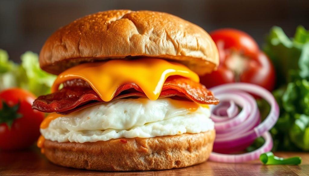 A nourishing Burger King breakfast bursting with vibrant colors and wholesome ingredients. Layers of fluffy egg, crisp turkey bacon, and melted cheddar cheese nestled between a toasted whole wheat bun. The scene is illuminated by soft, natural light, creating a warm and inviting atmosphere. In the background, a medley of fresh vegetables - juicy tomatoes, crunchy lettuce, and zesty onions - add pops of color and a healthy touch. The composition is balanced, with the burger taking center stage, showcasing its nutritious and appetizing appeal. This image embodies the perfect start to the day, blending the convenience of a fast-food favorite with the benefits of a well-rounded, healthy meal.