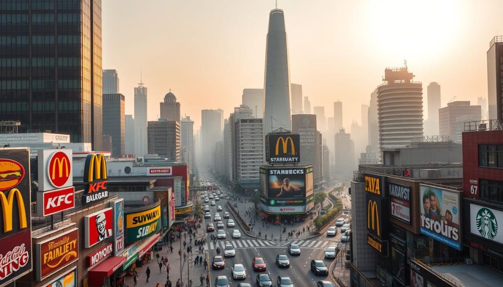A panoramic view of a bustling urban cityscape, with towering skyscrapers and busy streets. In the foreground, an array of colorful fast food restaurant signs stand out, representing the global presence of well-known brands like McDonald's, Burger King, KFC, Subway, and Starbucks. The mid-ground features pedestrians and vehicles navigating the congested streets, creating a sense of energy and activity. The background is filled with a hazy, golden-hour sky, casting a warm glow over the entire scene. The overall composition conveys the worldwide expansion and ubiquity of these iconic fast food chains.