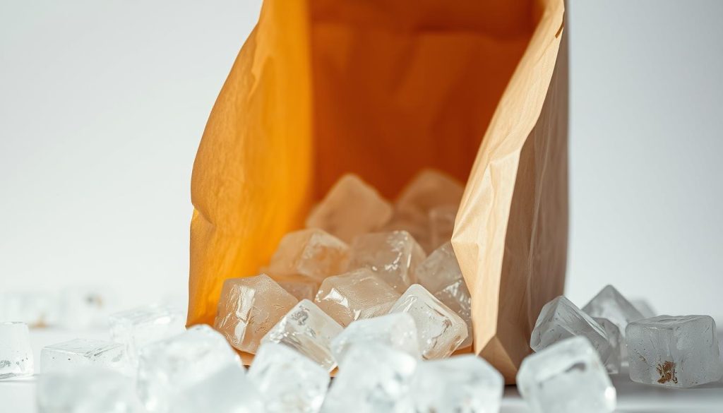 A pristine Burger King paper bag filled with clear, glistening ice cubes, captured in a bright, soft-focus close-up. The bag is slightly crumpled, giving it a weathered, budget-friendly aesthetic. Soft shadows and highlights accentuate the textural details, while a cool, muted color palette evokes the refreshing, thirst-quenching nature of the ice. The composition is centered, placing the bag in the foreground with a clean, minimalist background, allowing the subject to take center stage. An image that evokes the practical, money-saving essence of Burger King's affordable ice offerings.