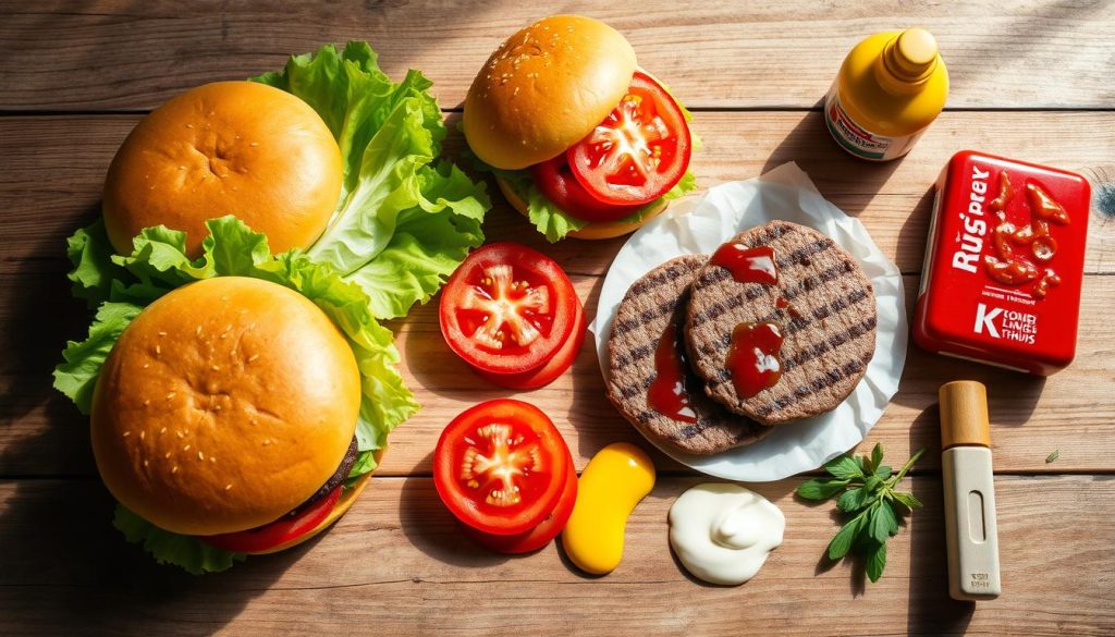 A rustic wooden table, its surface adorned with various DIY Burger King ingredients. Freshly baked burger buns, crisp lettuce leaves, juicy tomato slices, and perfectly grilled beef patties. Alongside, a selection of condiments - tangy ketchup, creamy mayonnaise, and zesty mustard, all arranged in an inviting display. Soft, natural lighting illuminates the scene, casting warm shadows and highlighting the textures. The overall atmosphere exudes a sense of homemade craftsmanship, encouraging the viewer to imagine the creative culinary possibilities of these familiar fast-food staples.