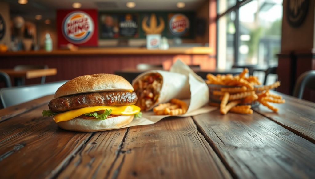 A rustic, wooden table with a worn, vintage surface. In the foreground, an array of Burger King breakfast items, including a sausage and egg sandwich, a breakfast burrito, and a side of hash browns. The items are arranged in a casual, visually appealing manner, with natural lighting casting soft shadows and highlights across the scene. In the background, a blurred, out-of-focus view of a Burger King restaurant interior, hinting at the secret nature of these off-menu offerings. The overall mood is one of casual, comfort-food indulgence, with a touch of mystery and exclusivity surrounding the hidden breakfast menu.