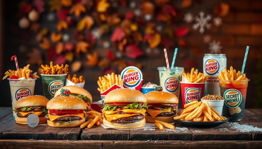 A seasonal display of Burger King's secret menu items, arranged on a rustic wooden table under warm, soft lighting. The foreground features an assortment of burgers, fries, and drinks, each adorned with festive garnishes and accents reflecting the current season. In the middle ground, a backdrop of autumn leaves or winter snowflakes creates a cozy, atmospheric ambiance. The entire scene is captured from a slightly elevated angle, with a shallow depth of field to emphasize the delectable details of the seasonal offerings.