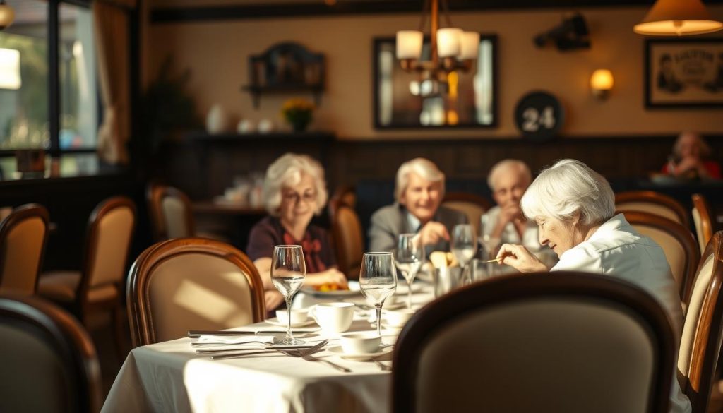 A serene senior-focused dining scene, illuminated by warm, natural lighting. In the foreground, a well-appointed table with an elegant place setting, surrounded by comfortable chairs. In the middle ground, a group of seniors enjoying a meal together, their faces exuding contentment and camaraderie. The background features a cozy, inviting restaurant interior, with tasteful decor and details that cater to the unique needs and preferences of the older patrons. The overall atmosphere conveys the importance of providing specialized menu options and dining experiences that cater to the distinct tastes and requirements of the senior demographic.