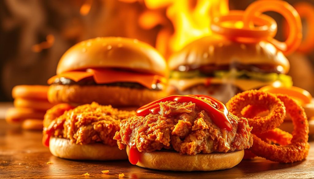 A sizzling display of Burger King's spicy menu items, captured under warm, golden lighting. In the foreground, a glistening Spicy Chicken Sandwich with a crispy, breaded patty and a bright red drizzle of fiery sauce. Beside it, a stack of Spicy Chicken Nuggets, their crunchy exterior contrasting with the steaming interior. In the middle ground, a Spicy Bacon King Burger, the bun slightly charred, the patty sizzling with heat. Behind, a vibrant array of Spicy Onion Rings, their tangerine hue hinting at their bold, peppery flavor. The scene exudes an aura of indulgence and temptation, inviting the viewer to savor the bold, spicy delights of Burger King's menu.