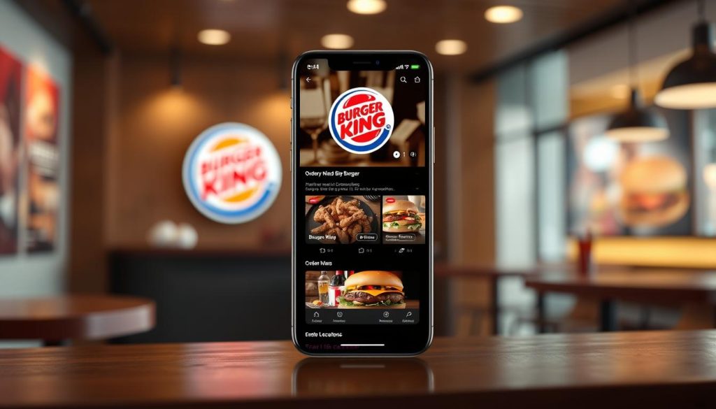 A sleek and modern mobile app interface for Burger King, featuring a clean layout with the iconic Burger King logo prominently displayed. The app's home screen showcases the restaurant's menu, with high-quality images of the signature Whopper burger and other menu items. The user interface is intuitive, with clear navigation options for ordering, finding nearby locations, and accessing deals and promotions. The app is presented in a warm, inviting color palette, evoking the cozy atmosphere of a Burger King restaurant. Subtle lighting and reflections create a sense of depth and dimension, while the overall design conveys a seamless, user-friendly experience for Burger King customers.