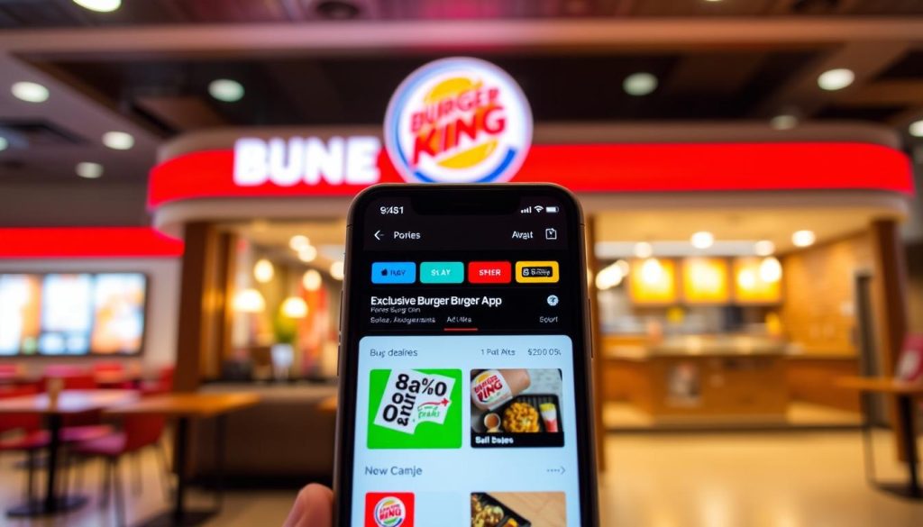 A sleek, modern image showcasing the Burger King mobile app interface. In the foreground, a close-up view of a smartphone screen displays the app's deals and discounts, with vibrant icons and clean typography. The middle ground features a blurred backdrop of a Burger King restaurant, capturing the brand's iconic architecture and ambiance. Soft, warm lighting casts a welcoming glow, creating a sense of inviting convenience. The overall composition emphasizes the app's user-friendly design and the ease of accessing exclusive Burger King offers, perfectly complementing the article's focus on utilizing the app for budget-friendly dining.