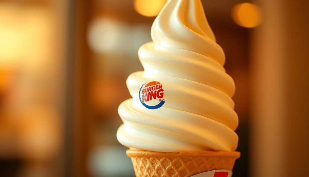 A soft-serve ice cream cone from Burger King, captured in a close-up shot against a blurred background. The creamy, swirling texture of the vanilla ice cream is highlighted, with a slight glisten of condensation. The BK logo is clearly visible on the cone, standing out against the light and airy dessert. The scene is bathed in warm, golden lighting, casting a cozy, inviting atmosphere. The image conveys the indulgent and satisfying nature of Burger King's classic soft-serve treat, perfectly complementing the "Burger King's Dessert Options" section of the article.