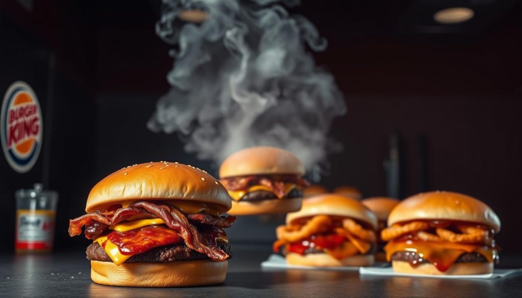 A stylish and covert assortment of Burger King's secret menu items, captured in a high-contrast, cinematic lighting setup. In the foreground, a meticulously crafted Bacon Swiss Whopper, its bun glistening with just-toasted perfection. Hovering next to it, a mysterious Angry Whopper shrouded in a cloud of steam, hinting at its spicy secrets. In the middle ground, a trio of Rodeo Burgers, their onion rings and barbecue sauce creating a visually striking composition. The background is a dimly lit Burger King kitchen, where the faint outline of a Dual Tex-Mex Whopper can be seen, its layers of pepper jack cheese and jalapeno-infused sauce evoking a sense of hidden delights.