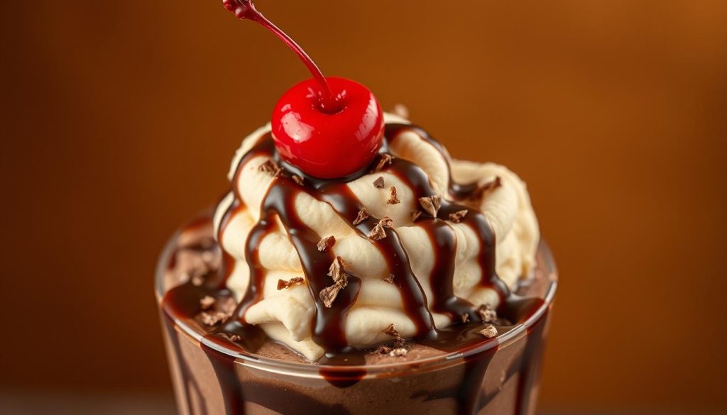 A sumptuous Burger King chocolate sundae set against a warm, inviting backdrop. The creamy, dark chocolate ice cream is topped with a luscious, silky chocolate sauce, meticulously drizzled in a tantalizing pattern. Delicate chocolate shavings and a single, perfectly placed cherry crown this decadent dessert. Soft, diffused lighting bathes the scene, creating a cozy, indulgent atmosphere. The image is captured from a high angle, highlighting the sundae's inviting presentation and tempting the viewer to dive in and savor every bite.
