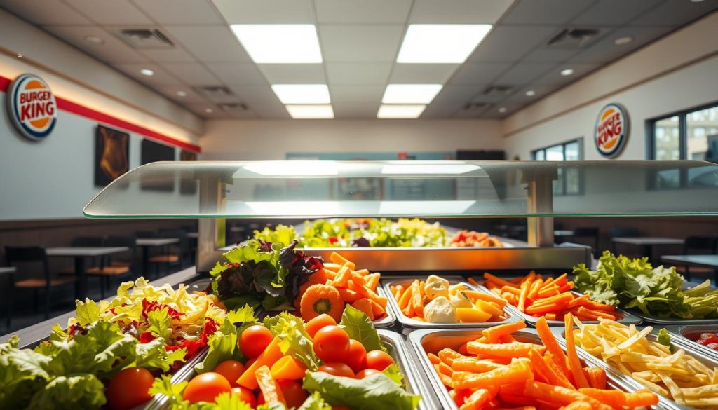 A sunlit, well-stocked salad bar at a spotless Burger King restaurant. In the foreground, an array of fresh, vibrant vegetables - crisp lettuce, juicy tomatoes, crunchy carrots, and more - artfully arranged in individual containers. The middle ground showcases a stainless steel sneeze guard, reflecting the bright lighting and creating a modern, hygienic ambiance. In the background, the clean, minimalist restaurant interior is visible, with neatly-arranged tables and chairs, conveying a sense of cleanliness and attention to detail. The overall mood is one of freshness, quality, and Burger King's commitment to providing a healthy, appetizing salad option for their customers.