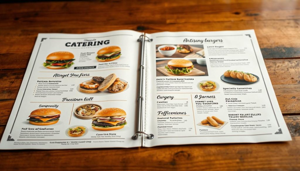 A unique catering menu displayed on a wooden table, with a rustic, hand-crafted aesthetic. The menu features artisanal burgers, specialty sandwiches, and gourmet side dishes, each item presented with mouthwatering detail. The layout is visually appealing, with clean typography and carefully curated illustrations or icons. Warm, diffused lighting casts a cozy, inviting atmosphere, highlighting the high-quality ingredients and premium presentation. The overall composition suggests a bespoke, elevated dining experience, perfect for a discerning clientele seeking an exceptional catering service.