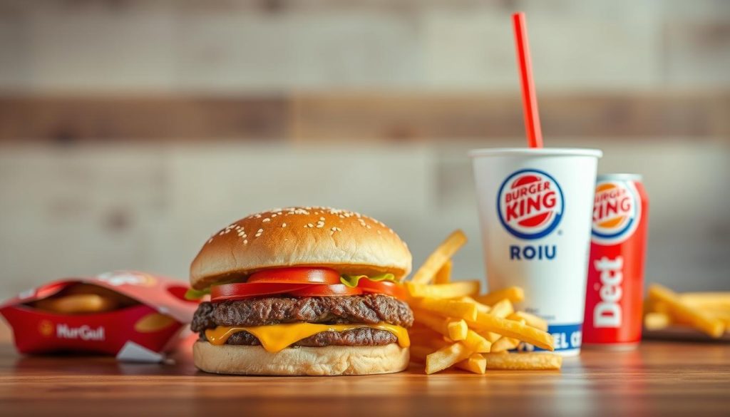 A vibrant and appetizing display of Burger King's classic lunch combos, showcased against a softly blurred background. The focal point is a neatly arranged selection of Whopper Jr., french fries, and a medium-sized soft drink, captured in warm, diffused lighting that highlights the inviting textures and colors of the meal. The composition is balanced, with the menu items presented in an enticing manner that showcases their freshness and quality. The overall mood is one of casual, budget-friendly dining, with a sense of comfort and satisfaction.