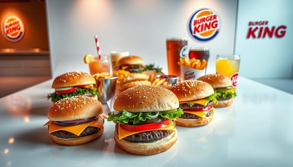 A vibrant and appetizing display of Burger King's current special offers, showcased in a sleek and modern setting. The foreground features a variety of tantalizing burgers, each with a distinct and mouthwatering appearance, meticulously crafted to highlight their key ingredients and flavors. The middle ground includes complementary sides and beverages, creating a well-balanced visual harmony. In the background, a clean, minimalist backdrop with subtle brand elements and lighting cues enhances the overall premium and inviting atmosphere. The composition is strategically arranged to draw the viewer's attention to the featured special offers, conveying a sense of exclusivity and desirability.