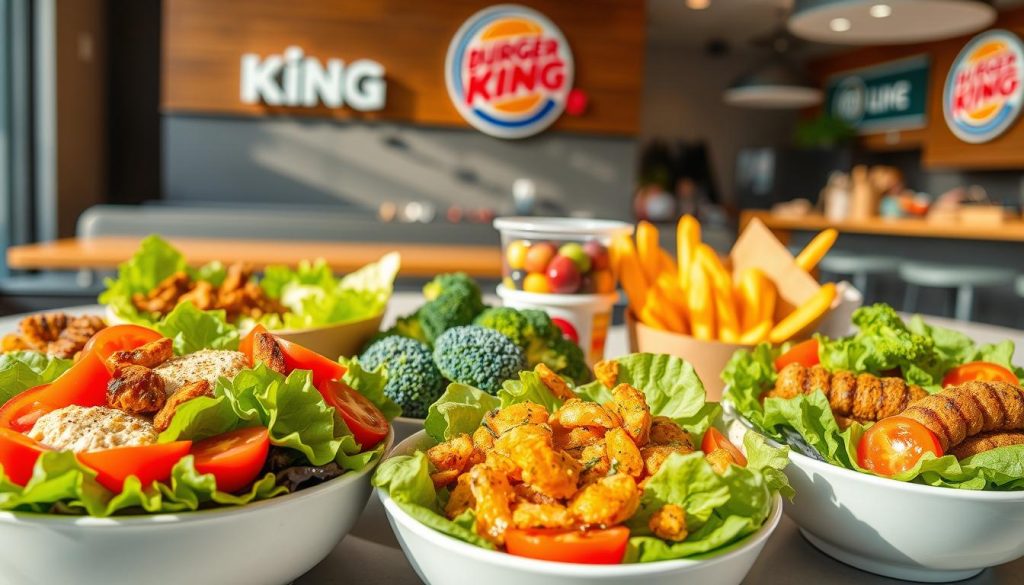 A vibrant and appetizing display of healthier fast food options, captured under warm, natural lighting. In the foreground, a colorful assortment of fresh salads with crisp greens, juicy tomatoes, and grilled chicken or veggie patties, presented in stylish bowls. The middle ground features a variety of nutritious sides like roasted sweet potato wedges, steamed broccoli, and a cup of fresh fruit. In the background, a modern Burger King restaurant setting, with sleek and minimalist design elements, conveying a sense of wellness and conscious dining.