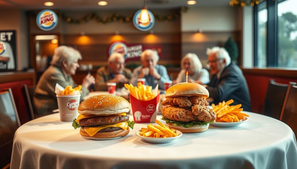 A vibrant and festive scene showcasing Burger King's seasonal specials for seniors. In the foreground, a table is adorned with a crisp white tablecloth and set with a variety of Burger King's signature menu items, including a Whopper Jr., chicken sandwich, and fries. The items are arranged in an artful, inviting manner, casting warm, soft lighting across the scene. In the middle ground, elderly customers are seated at the table, enjoying their meals and engaged in lively conversation. The background features the familiar Burger King branding and decor, with a cozy, welcoming atmosphere. The overall mood is one of comfort, community, and celebration of the senior demographic.