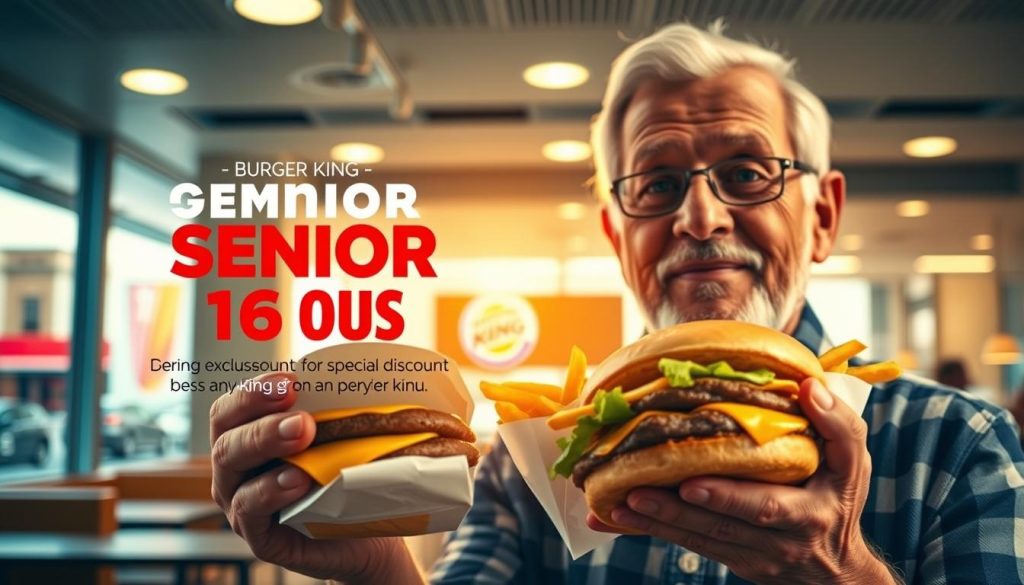 A vibrant and inviting scene showcasing the Burger King Senior Menu's exclusive discounts. In the foreground, a senior customer holds a burger and fries, their face illuminated by a warm, golden light. The middle ground features a clean, modern Burger King interior, with sleek restaurant decor and bright, even lighting. The background subtly hints at a bustling urban setting, with hints of city streets and buildings visible through the windows. The overall atmosphere conveys a sense of comfort, value, and the special care Burger King provides to its senior patrons.