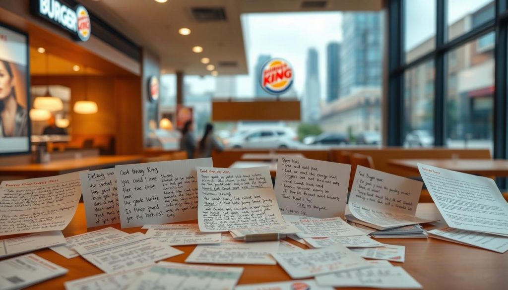 A vibrant and lively scene depicting Burger King customer feedback. In the foreground, a collage of handwritten notes, feedback forms, and online reviews is arranged on a warm wooden table, capturing the diverse perspectives of satisfied and dissatisfied customers. The middle ground features a partially visible Burger King restaurant interior, with clean, modern interiors and an inviting atmosphere. In the background, a soft, blurred cityscape provides a subtle sense of place, suggesting the urban setting of the restaurant. The lighting is natural and diffused, creating a welcoming ambiance that enhances the authenticity of the customer feedback. The overall composition conveys a sense of transparency and responsiveness, highlighting Burger King's commitment to understanding and addressing the needs of its patrons.