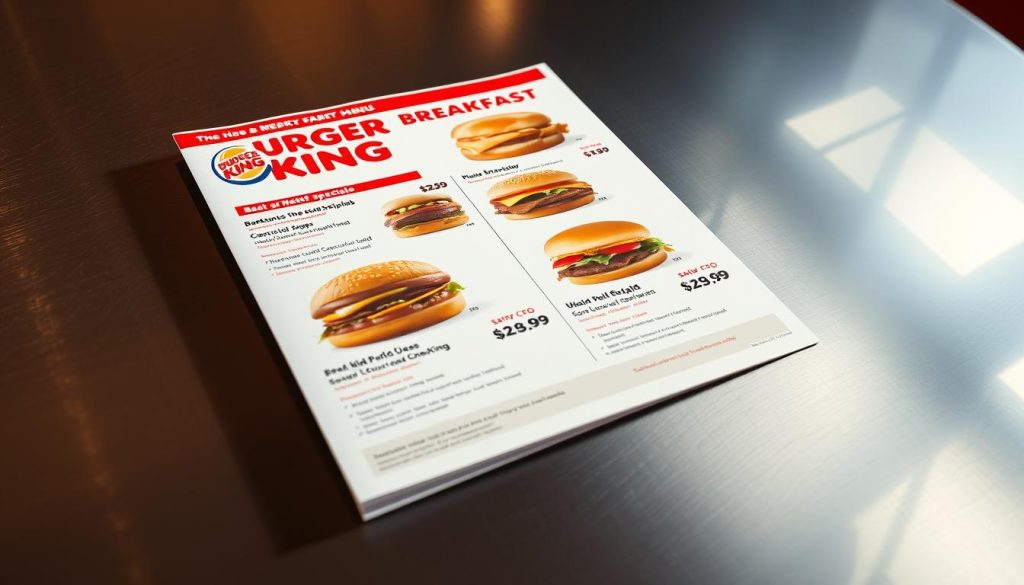 A vibrant and meticulously detailed Burger King breakfast menu displayed on a sleek, brushed metal surface, capturing the essence of the "How to Save on Burger King's Breakfast Menu" section. The menu features a clean, modern layout with crisp typography highlighting the breakfast specials and their respective prices. Soft, warm lighting bathes the scene, creating a welcoming and appetizing atmosphere. The arrangement of the menu items is visually striking, with a focus on balance and symmetry to draw the viewer's attention to the key information. The overall composition conveys a sense of professionalism and practicality, perfectly suited to illustrate the subject of the article.