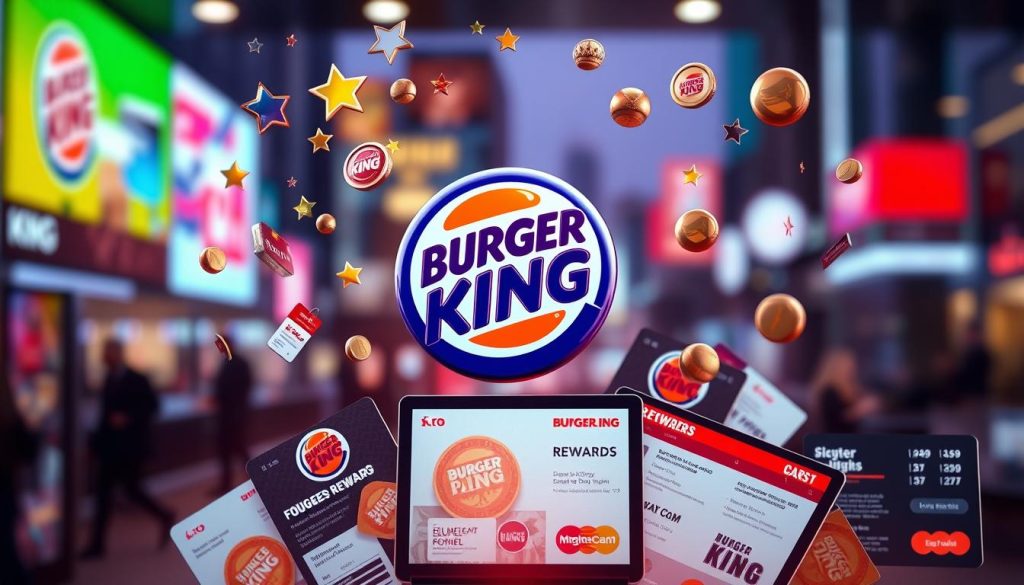 A vibrant and visually engaging scene showcasing Burger King's loyalty programs. In the foreground, a stylized Burger King logo hovers, surrounded by a dynamic array of reward icons, including stars, crowns, and coins, all rendered in a sleek, futuristic style with a metallic sheen. The middle ground features a series of overlapping loyalty cards and digital screens displaying Burger King's rewards and membership details, captured in a high-resolution, almost photographic quality. The background is a blurred, out-of-focus cityscape, hinting at the ubiquity of the Burger King brand and the convenience of its loyalty offerings. The overall composition is balanced, with a sense of depth and movement, conveying the excitement and value of Burger King's loyalty programs.