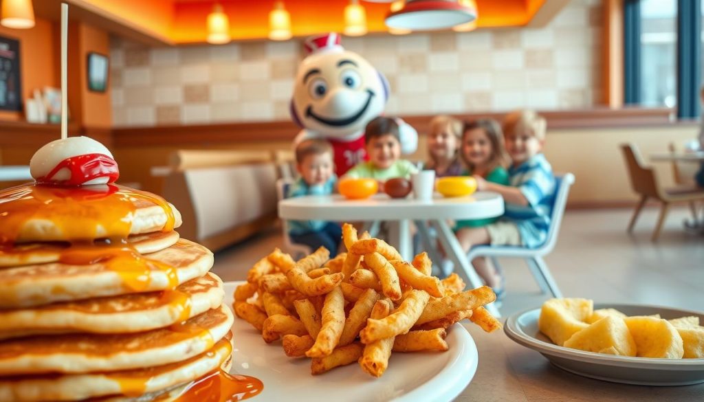 A vibrant and whimsical scene of the Burger King Kids' Breakfast menu. In the foreground, a collection of colorful breakfast items are artfully arranged, including a stack of fluffy pancakes topped with syrup, crispy hash browns, and a side of fresh fruit. In the middle ground, a friendly Burger King mascot greets a group of delighted children seated at a cheerful, kid-sized table, their faces aglow with excitement. The background is a warm, inviting Burger King restaurant setting, complete with tile floors, wooden accents, and bright, natural lighting that casts a soft, inviting glow over the entire composition.