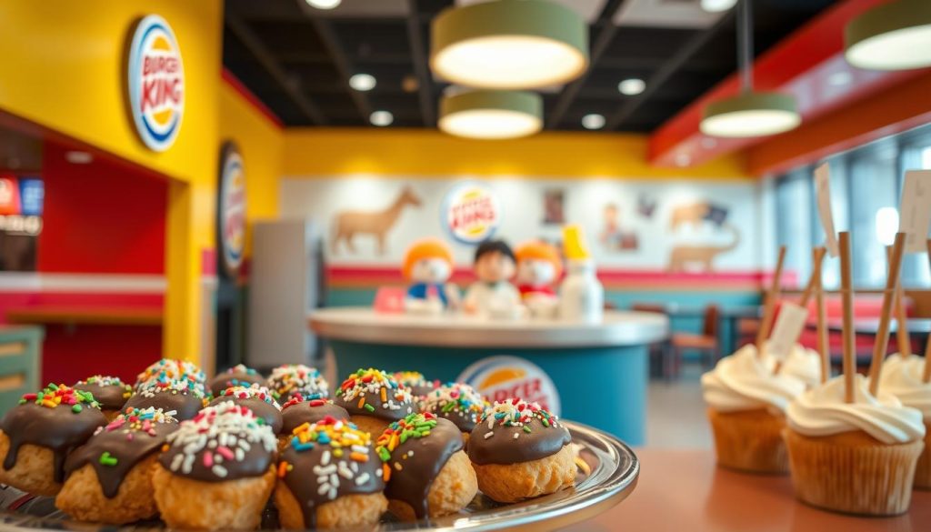 A vibrant and whimsical scene showcasing a variety of delectable Burger King desserts designed to delight young customers. In the foreground, a platter features an assortment of colorful, bite-sized treats - perhaps mini chocolate-dipped ice cream bites, sprinkle-covered cake pops, and fluffy, cream-filled pastries. The middle ground displays a Burger King-branded tabletop with playful, kid-friendly decor, such as plush mascot figures or balloons. The background depicts a cheerful, well-lit Burger King dining area, with bright, primary-colored walls and playful wall art. The overall mood is one of joy, indulgence, and the celebratory experience of enjoying a special dessert at a beloved fast-food establishment.