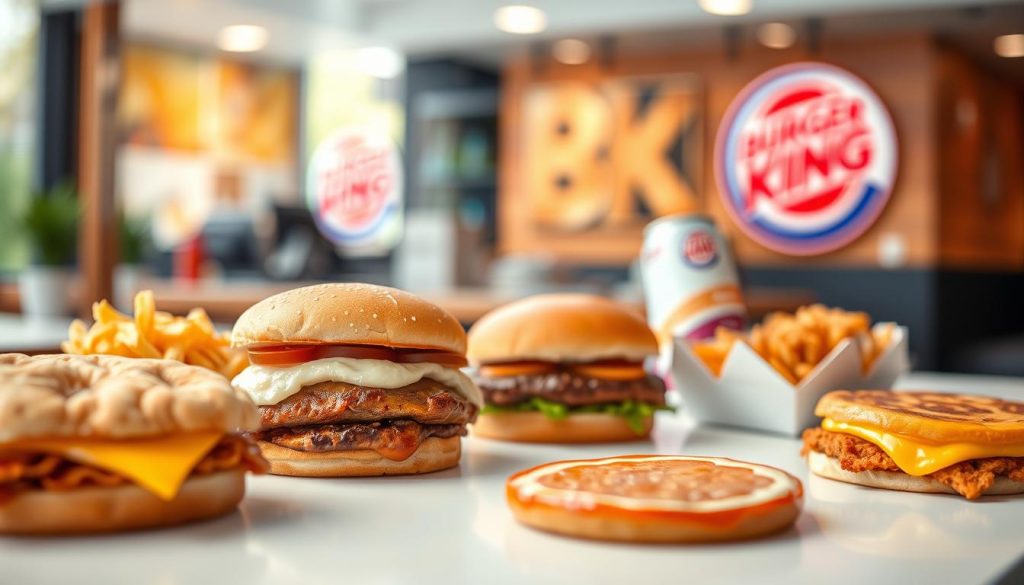 A vibrant, appetizing display of Burger King's breakfast menu, captured in a high-quality, professional-looking photograph. The foreground features a selection of BK breakfast items, such as the Croissan'wich, hash browns, and breakfast sandwiches, artfully arranged on a sleek, minimalist surface. The middle ground showcases a blurred, out-of-focus background, hinting at the restaurant's cozy, inviting atmosphere. The lighting is soft and natural, emphasizing the warm, inviting tones of the food. The overall composition is balanced, with a shallow depth of field that draws the viewer's attention to the delectable breakfast offerings. The image conveys a sense of quality, freshness, and the perfect start to the day, aligned with the Burger King brand.