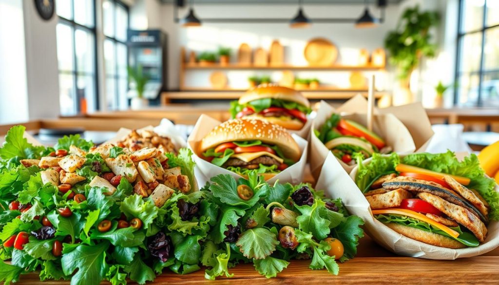 A vibrant, appetizing display of healthy fast food options. In the foreground, a variety of freshly prepared salads with crisp greens, colorful vegetables, and lean protein sources like grilled chicken or tofu. In the middle ground, a selection of plant-based burgers and wraps, their buns and fillings showcasing a range of wholesome, natural ingredients. In the background, a backdrop of clean, minimalist restaurant decor, with natural lighting streaming in through large windows, creating a welcoming and health-conscious atmosphere. The overall scene is captured with a high-quality, high-resolution lens, emphasizing the visual appeal and quality of these nutritious fast food alternatives.