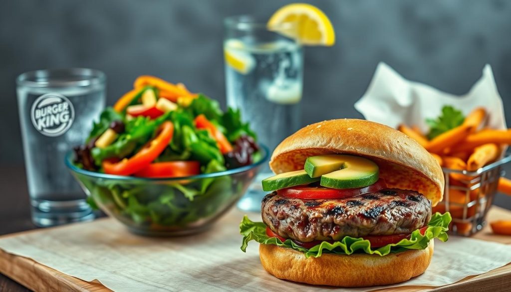 A vibrant array of wholesome Burger King menu items, arranged in a visually appealing composition. In the foreground, a perfectly grilled beef patty sits atop a fresh, whole-wheat bun, accompanied by crisp lettuce leaves, juicy tomato slices, and a dollop of creamy avocado spread. In the middle ground, a side salad overflows with a colorful blend of crunchy greens, diced bell peppers, and a light vinaigrette dressing. In the background, a tall glass of refreshing water with a lemon wedge, and a small portion of roasted sweet potato fries, lightly salted and glistening. The lighting is soft and natural, highlighting the vibrant colors and textures of the healthy Burger King options. The overall mood is one of balance, freshness, and a commitment to wellness.