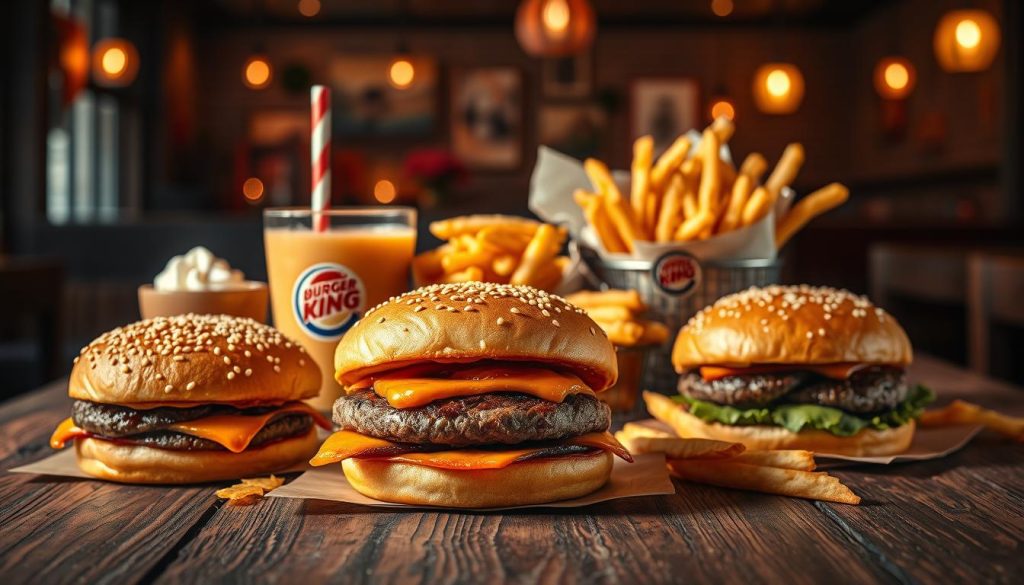 A vibrant autumn-themed still life, capturing a selection of seasonal menu items from Burger King. In the foreground, a display of freshly prepared burgers, their buns adorned with golden-brown sesame seeds and the patties glistening with a sizzling char. Surrounding them, an array of seasonal favorites - a pumpkin spice milkshake with a dollop of whipped cream, a steaming cup of apple cider, and a pile of crisp, golden-brown fries. In the middle ground, a rustic wooden table, its surface textured with the warmth of the season. The background features a cozy, dimly lit restaurant setting, with warm lighting casting a soft glow over the scene. The overall atmosphere evokes a sense of comfort and indulgence, perfectly capturing the essence of Burger King's Seasonal Favorites.