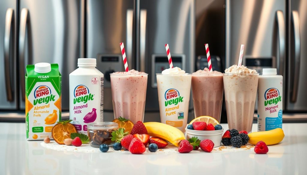 A vibrant, close-up view of Burger King's milkshake ingredients, arranged neatly on a clean, white surface. In the foreground, a variety of plant-based milk alternatives, such as almond, soy, and oat milk, sit alongside colorful fruit purees and natural sweeteners. The middle ground showcases fresh berries, bananas, and other dairy-free toppings, while the background features stainless steel appliances, casting a soft, warm glow over the scene. The overall composition conveys a sense of healthfulness, balance, and attention to detail, perfectly capturing the essence of Burger King's vegan and dairy-free milkshake options.