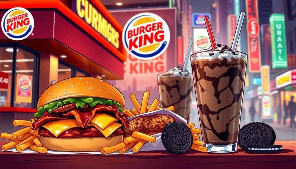 A vibrant, detailed illustration of Burger King's most popular secret menu items, captured in a stylized, appetizing manner. Foreground showcases a selection of burgers, fries, and drinks, each rendered with mouthwatering realism - the iconic Whopper, loaded Bacon Swiss Crispy Chicken Sandwich, and a decadent Chocolate Oreo Shake. Midground features the Burger King logo and restaurant setting, with a focus on modern, sleek design elements. Background depicts a bustling urban environment, with neon signs and city skyline providing a dynamic, energetic backdrop. Warm lighting, soft focus, and a slightly elevated camera angle lend an inviting, appetizing atmosphere to the scene.