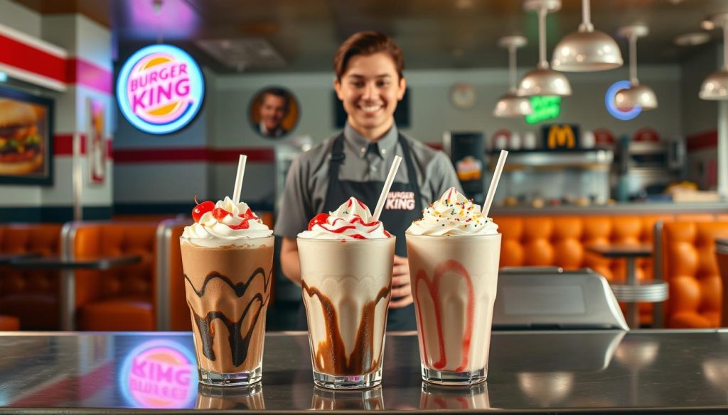 A vibrant diner scene showcases an array of decadent Burger King milkshakes. In the foreground, a trio of thick, creamy shakes in classic flavors like chocolate, strawberry, and vanilla sit atop a gleaming metal counter, their frothy tops adorned with whipped cream and cherry garnishes. Bright lighting bathes the scene, casting warm reflections on the metal accents and creating a cheerful, inviting atmosphere. In the middle ground, a friendly Burger King employee in a crisp uniform stands ready to assist, offering a friendly smile and a selection of customizable toppings and mix-ins to elevate the shakes to the next level. The background features a retro-inspired diner interior, complete with plush booths, neon signage, and a bustling kitchen, suggesting the high-quality and indulgent experience of crafting the perfect Burger King milkshake.