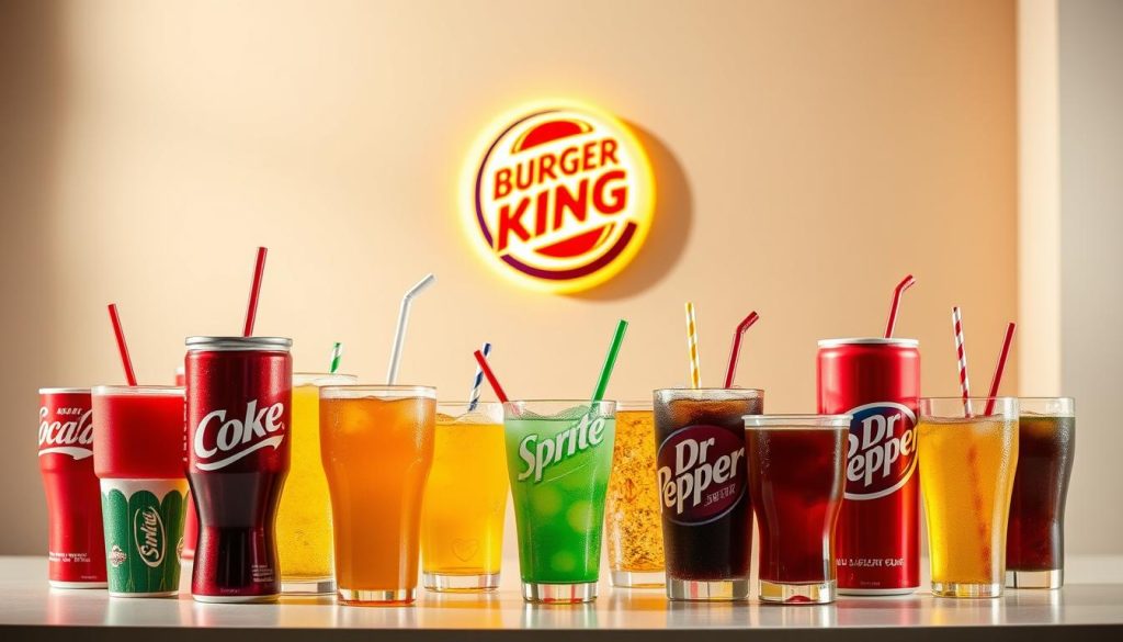 A vibrant display of Burger King beverages set against a modern, minimalist backdrop. In the foreground, an assortment of cups, glasses, and straws showcase the classic Coke, Sprite, and Dr. Pepper offerings, arranged with meticulous care. The middle ground features the iconic Burger King logo, cast in a soft, warm light, while the background is a clean, neutral palette that allows the beverages to take center stage. The overall mood is one of refreshment and hospitality, inviting the viewer to imagine the perfect pairing of a Burger King meal and a refreshing, thirst-quenching drink.
